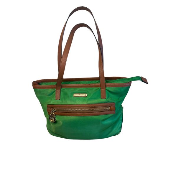 Michael Kors Green Nylon Tote Bag with Brown Leather Trim Women’s Shoulder Purse - Picture 1 of 10